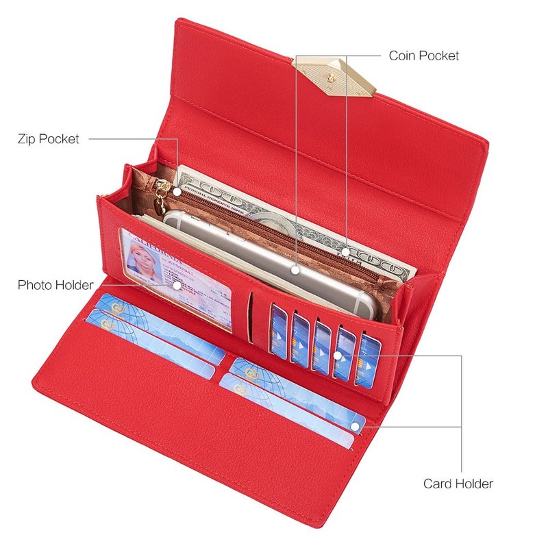 CLUCI Women Wallet Soft Leather Designer Trifold Multi Card Organizer Lady Clutch Red - Image 4